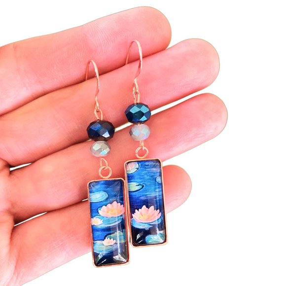 Water Lilies Earrings Claude Monet Handmade Art Pink Blue Glass Labradorite - Picture 4 of 7